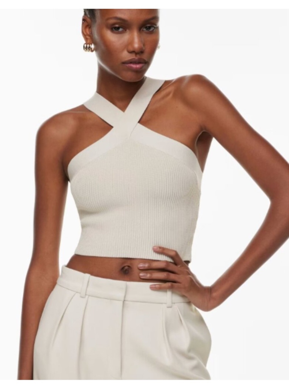 NWOT Babaton sculpt knit criss cross Ribbed Crop Top Taupe beige cream aritzia S